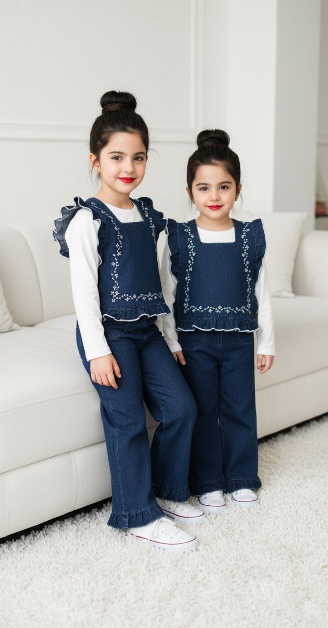 سه تیکه دخترونه باوست گلدوزی شده وشلوار لی کاغذی راسته وبلوزکبریتی ریز کشی