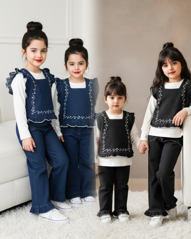 سه تیکه دخترونه باوست گلدوزی شده وشلوار لی کاغذی راسته وبلوزکبریتی ریز کشی