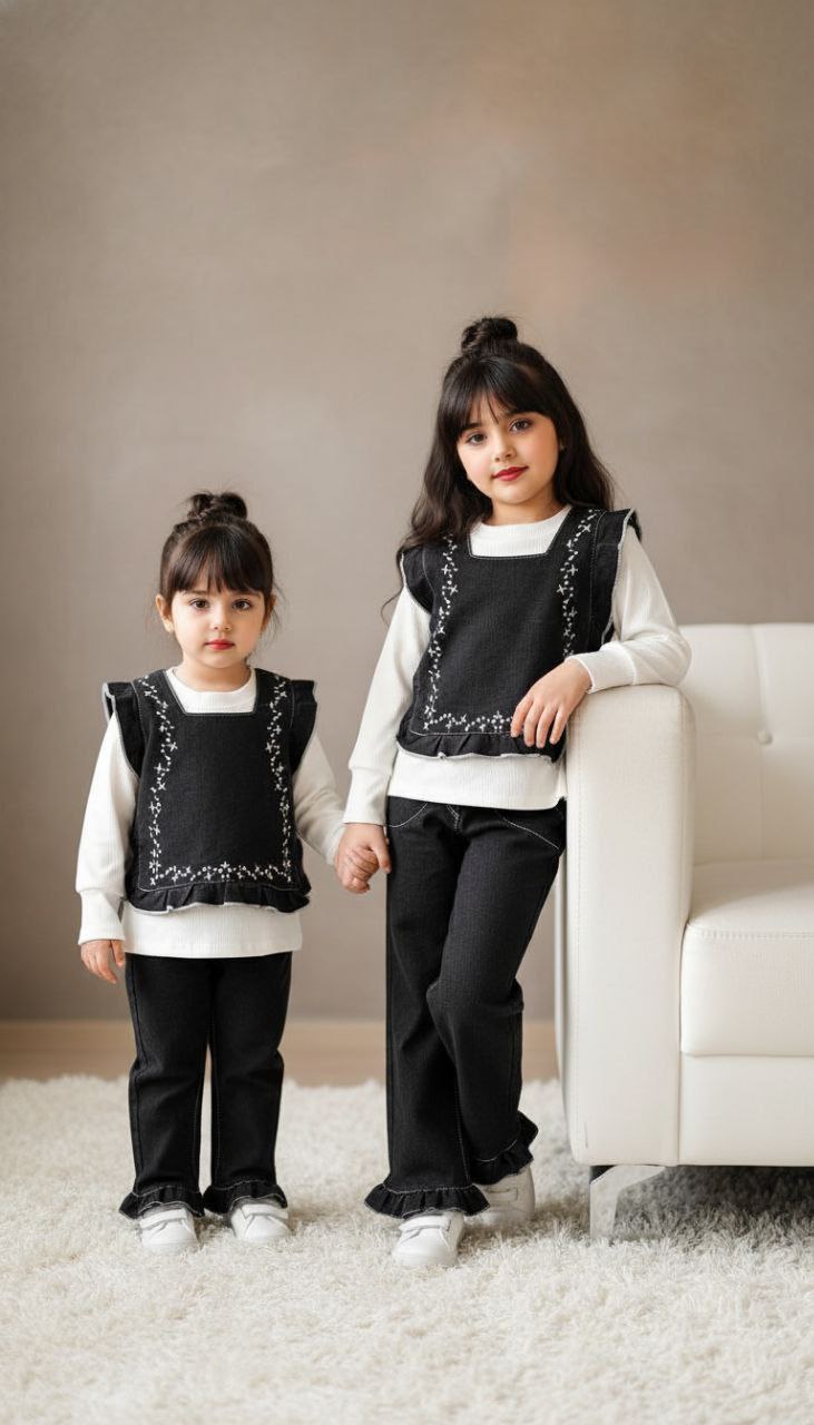سه تیکه دخترونه باوست گلدوزی شده وشلوار لی کاغذی راسته وبلوزکبریتی ریز کشی