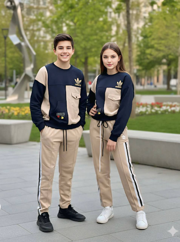 ست بلوز وشلوار خواهرو برادری اسپرت بیرون پوش جنس دورس پنبه دو نخ لاکراوشلوار کتان پنبه عالی